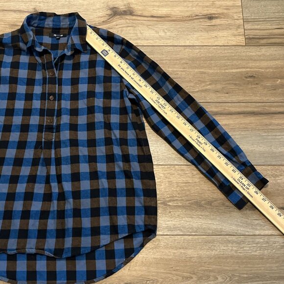 Madewell Flannel Drop-Shoulder Popover Top SZ Medium Blue Brown Check Button - Picture 5 of 12